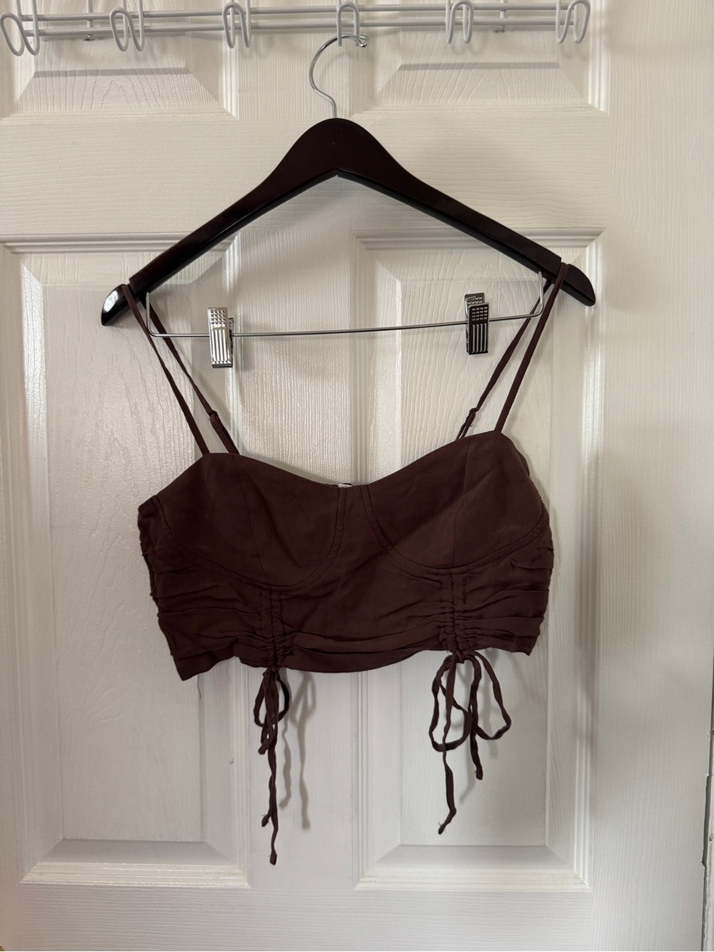 Garage Brown Ruched Tie-Front Spaghetti Strap Crop Top